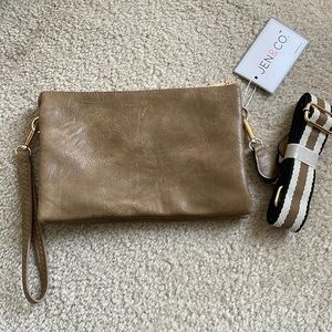 NWT! Jen & Co. Vegan Leather Wristlet w/Strap, Brown